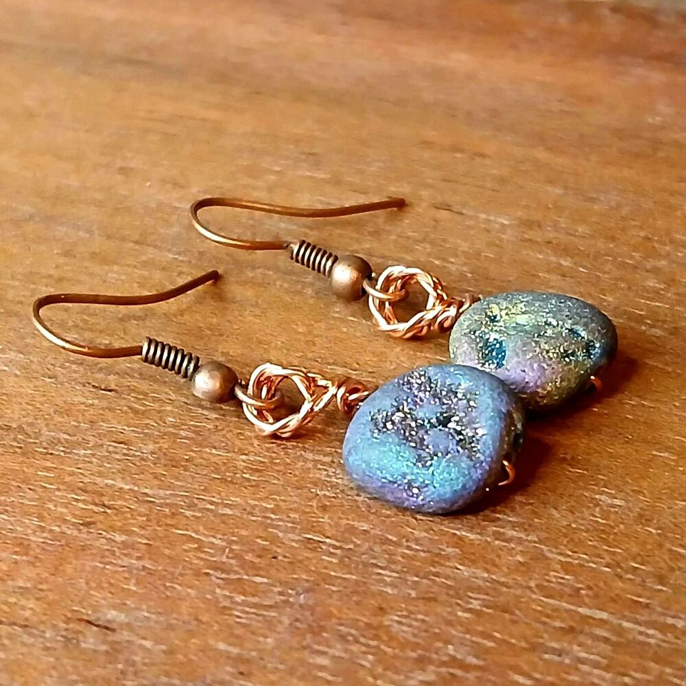 Titanium Druzy Agate Beaded Dangle Earrings, Copper Earrings, Rainbow